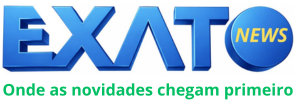 Logo do EXATO NEWS em azul com a palavra NEWS em destaque e slogan em verde “Onde as novidades chegam primeiro” abaixo do nome