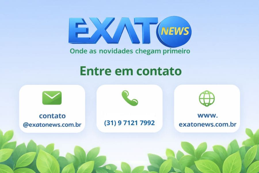 Imagem da página de contato do EXATO NEWS com logotipo azul e amarelo, slogan em verde e ícones de e-mail, telefone e site sobre fundo claro
