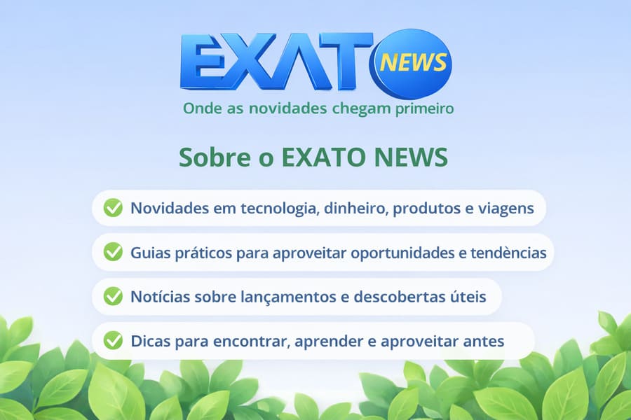 Imagem da página Sobre do EXATO NEWS com logotipo azul e amarelo, slogan em verde representando o conteúdo: novidades, tendências e descobertas úteis.