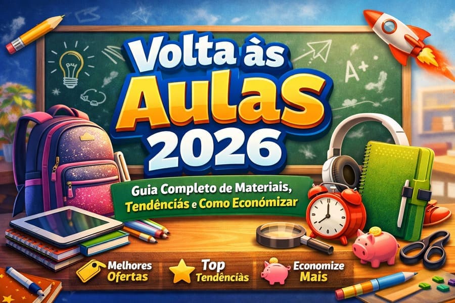 Volta às aulas 2026 com materiais escolares modernos, mochila, tablet, caderno inteligente e dicas para economizar na compra do material escolar