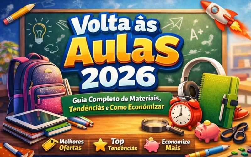 Volta às aulas 2026 com materiais escolares modernos, mochila, tablet, caderno inteligente e dicas para economizar na compra do material escolar