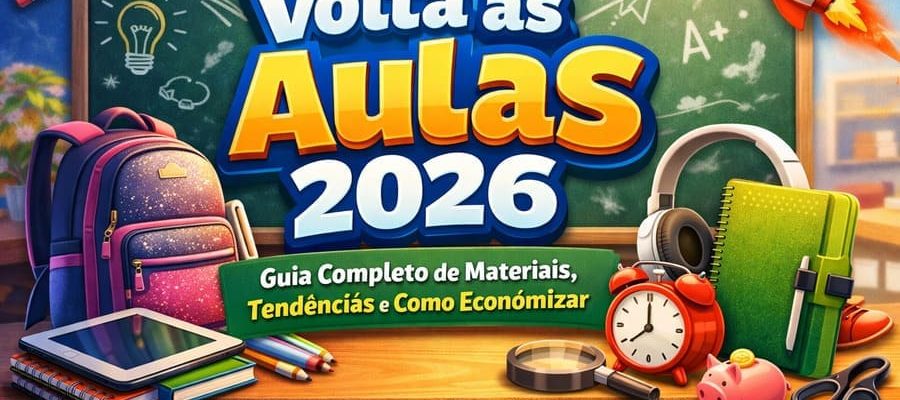 Volta às aulas 2026 com materiais escolares modernos, mochila, tablet, caderno inteligente e dicas para economizar na compra do material escolar